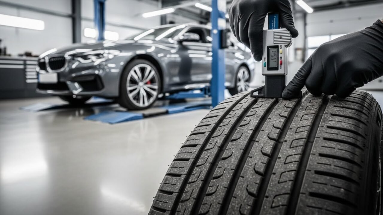 Técnico automotivo com luvas de proteção utiliza um medidor digital de alta precisão medindo TWI do pneu para verificar a profundidade dos sulcos da banda de rodagem.
