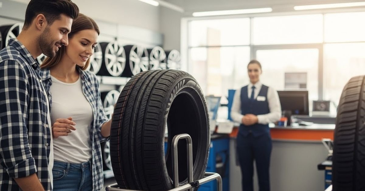 Casal avaliando um pneu em loja especializada, com consultor ao fundo, ilustrando análise prática sobre se o pneu Aplus é bom