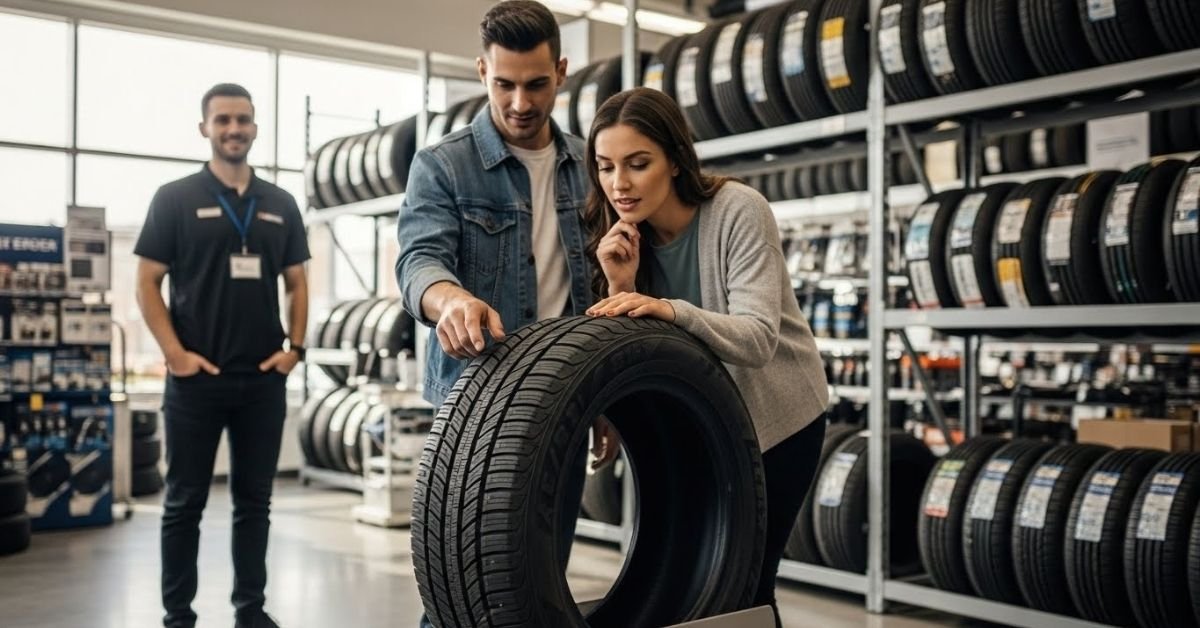 Casal de clientes analisando um pneu em loja automotiva moderna, avaliando na prática se o pneu Apollo é bom