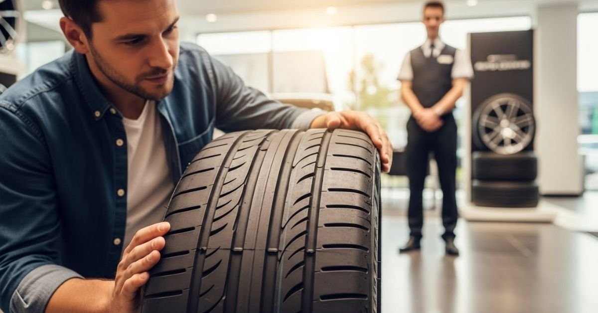 Cliente analisando um pneu em loja automotiva, avaliando na prática se o pneu Atlas é bom