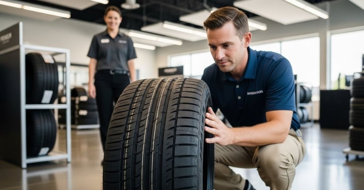 Cliente analisando um pneu em loja automotiva moderna, avaliando na prática se o pneu Austone é bom