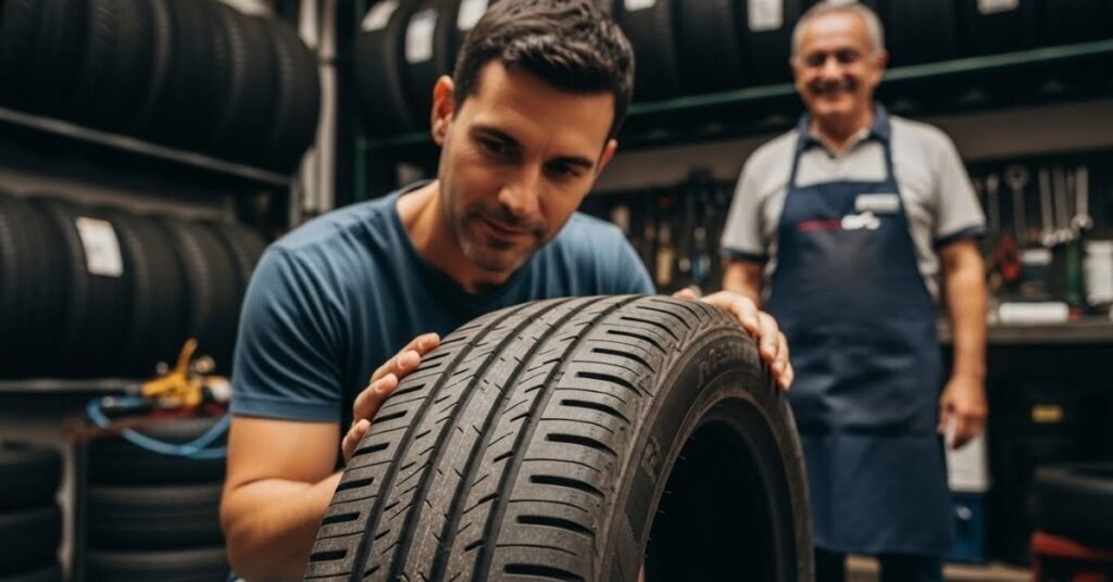 Cliente analisando um pneu em loja automotiva, avaliando na prática se o pneu Ceat é bom