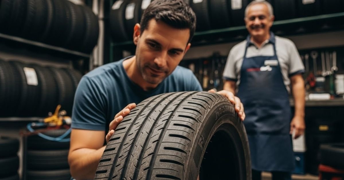 Cliente analisando um pneu em loja automotiva, avaliando na prática se o pneu Ceat é bom