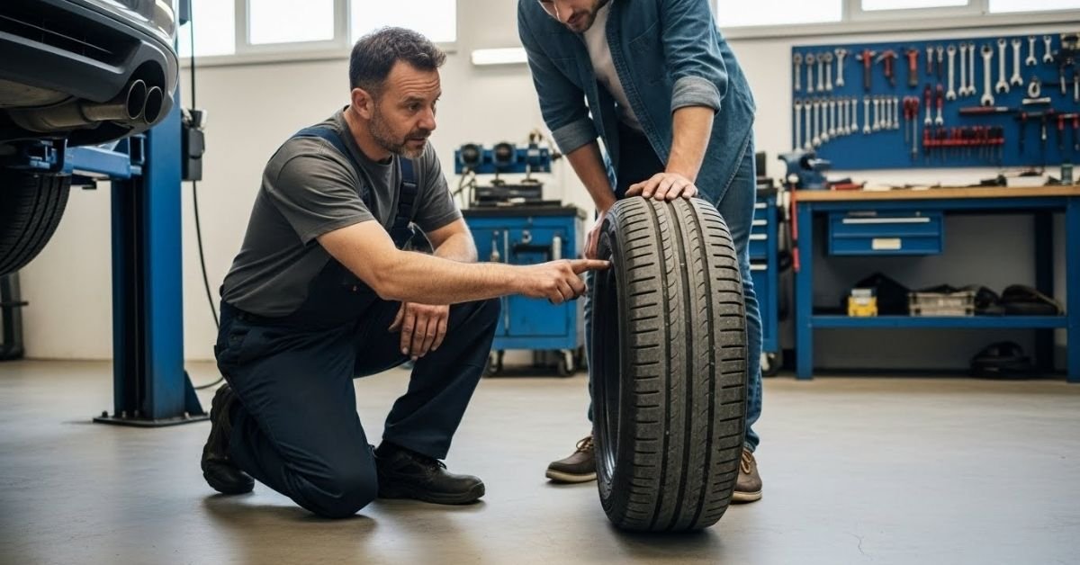 Mecânico especializado avaliando a condição de um pneu em oficina profissional, contexto real de análise sobre se o pneu Chengshan é bom