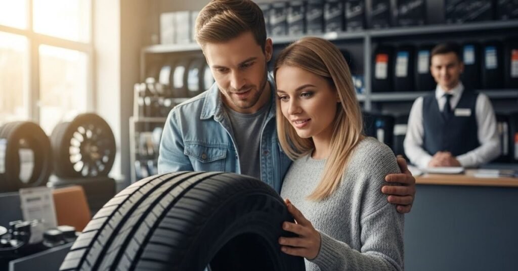 Casal avaliando um pneu em loja especializada, com consultor ao fundo, ilustrando análise prática sobre se o pneu Delmax é bom