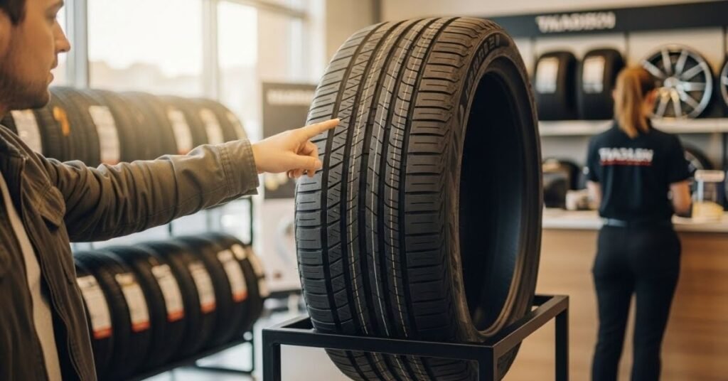 Cliente analisando um pneu em showroom automotivo, avaliando com atenção se o pneu Double King é bom