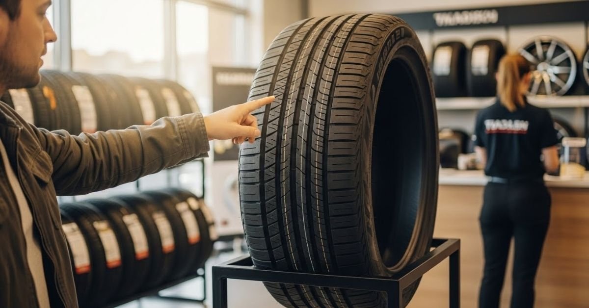 Cliente analisando um pneu em showroom automotivo, avaliando com atenção se o pneu Double King é bom