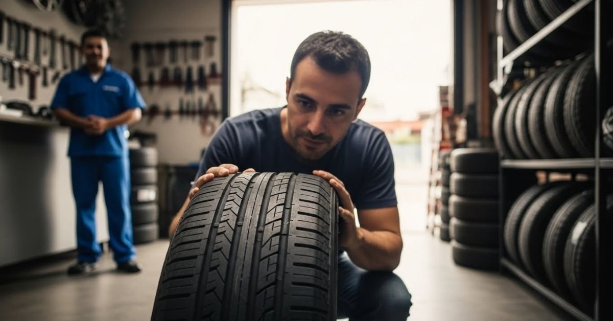 Cliente analisando um pneu em loja automotiva moderna, avaliando na prática se o pneu DRC é bom