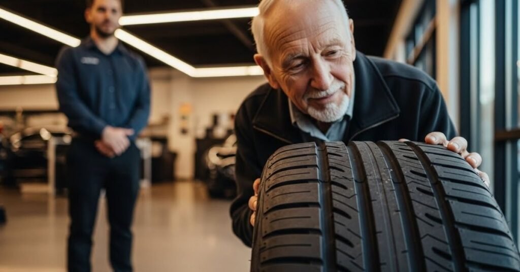 Cliente analisando um pneu em loja automotiva, avaliando na prática se o pneu Dunlop é bom