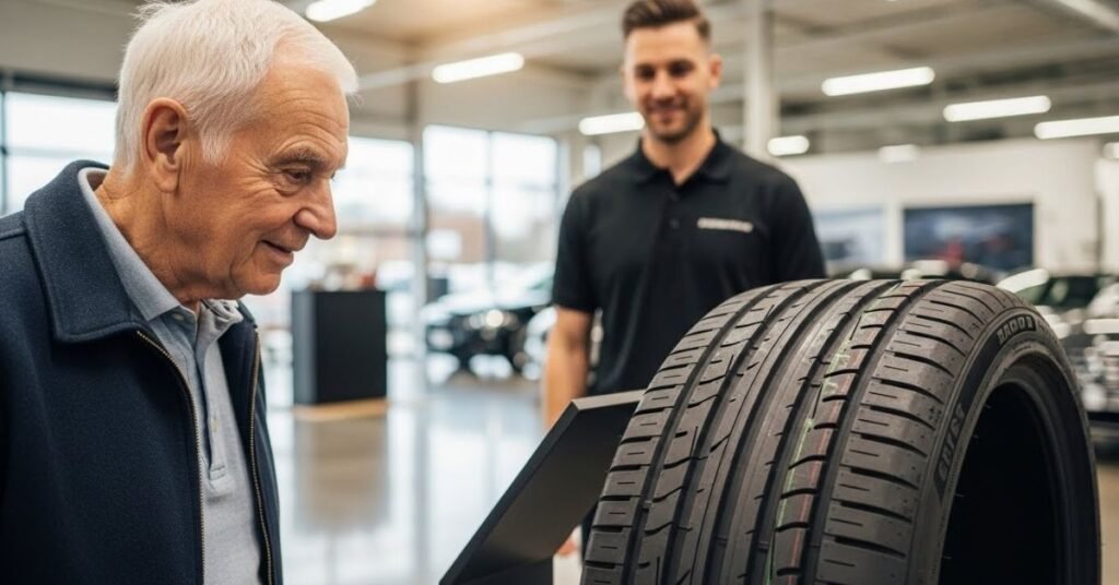 Cliente analisando um pneu em loja automotiva, avaliando na prática se o pneu Durable é bom