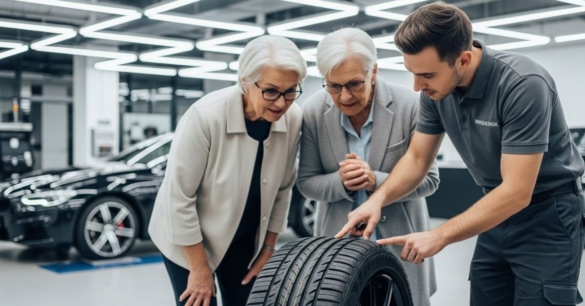 Cliente analisando um pneu em loja automotiva, avaliando na prática se o pneu Doublestar é bom