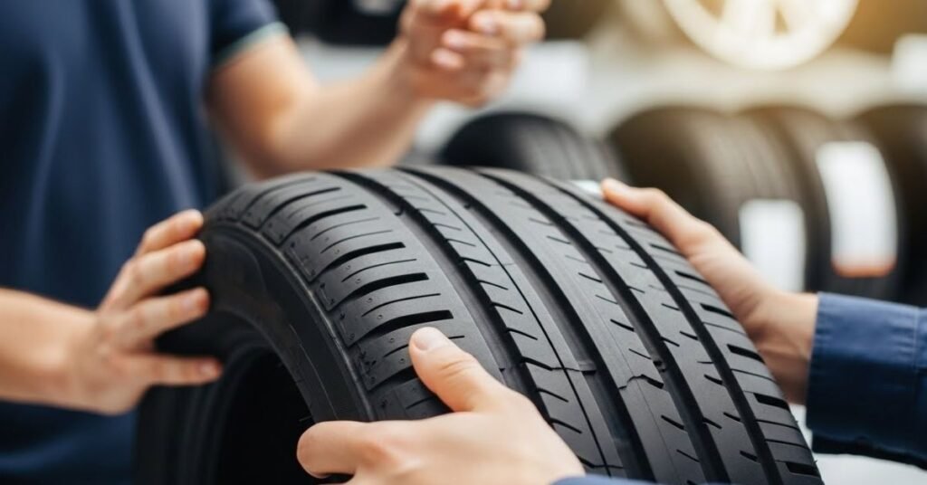 Cliente examinando a qualidade da borracha e o design dos sulcos para avaliar se o pneu Sunset é bom em termos de durabilidade e segurança.