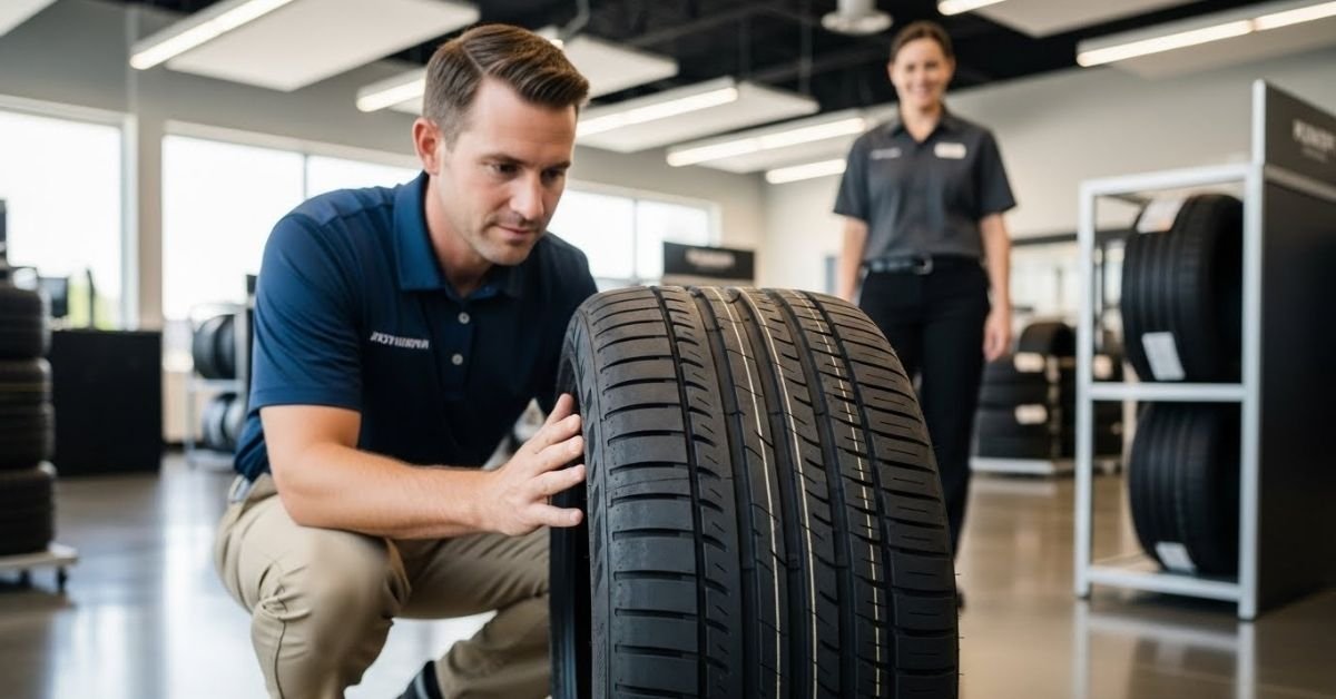 Cliente analisando um pneu em loja automotiva, avaliando na prática se o pneu Lanvigator é bom