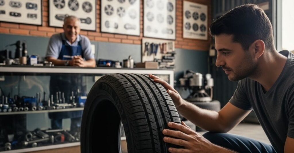 Cliente analisando um pneu em loja automotiva, avaliando na prática se o pneu Compasal é bom