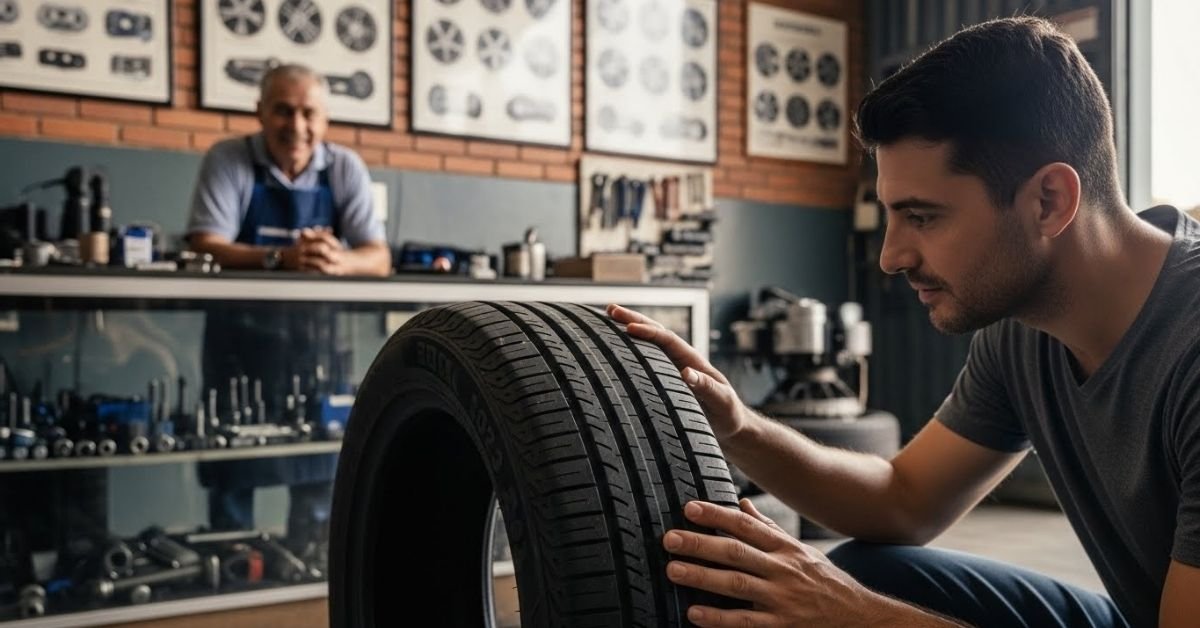 Cliente analisando um pneu em loja automotiva, avaliando na prática se o pneu Compasal é bom