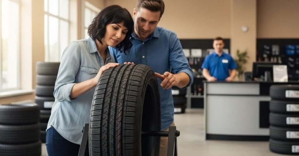 Casal avaliando um pneu em loja especializada, com consultor ao fundo, ilustrando análise prática sobre se o pneu Firemax é bom