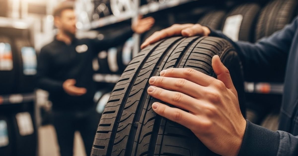 Cliente analisando um pneu em showroom automotivo, avaliando com atenção se o pneu Haida é bom