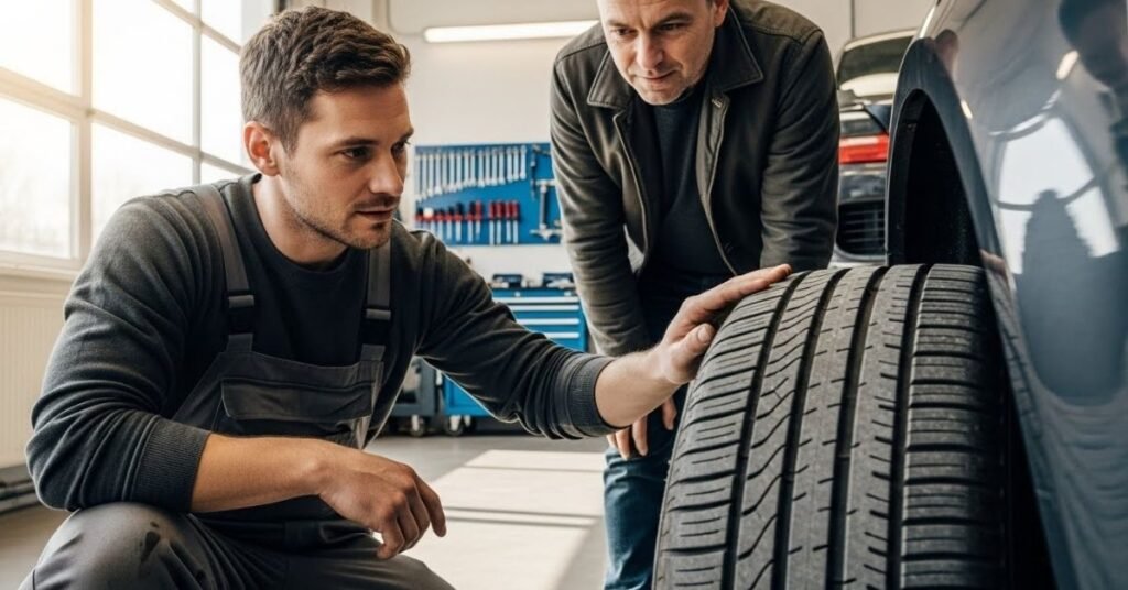 Cliente analisando um pneu em loja automotiva, avaliando na prática se o pneu Hankook é bom