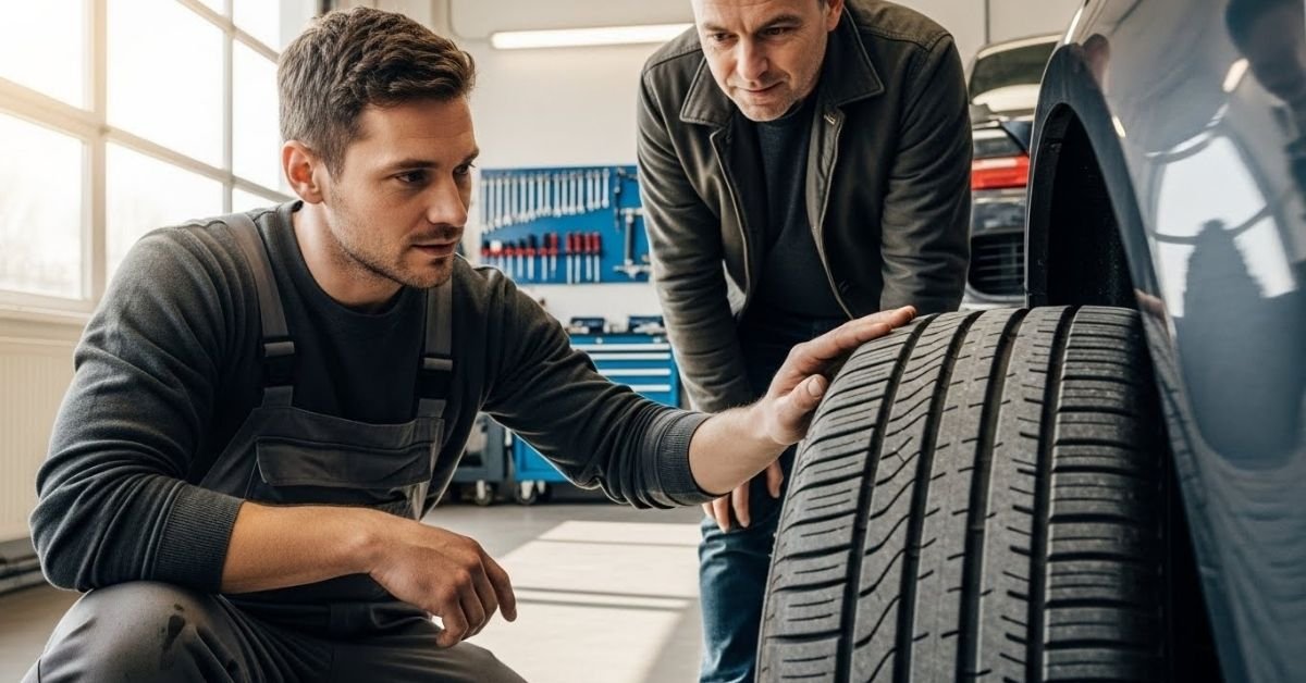 Cliente analisando um pneu em loja automotiva, avaliando na prática se o pneu Hankook é bom