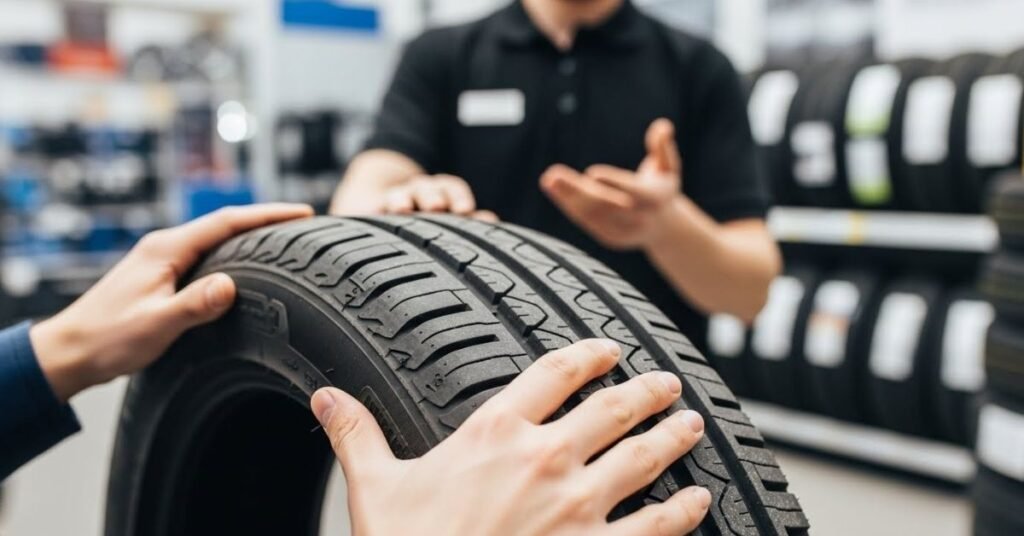 Cliente examinando a qualidade da borracha e o design dos sulcos para avaliar se o pneu Hifly é bom em termos de durabilidade e segurança.