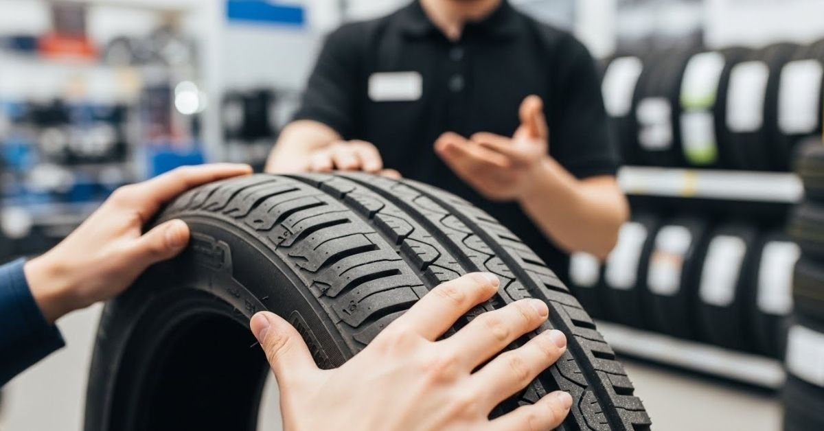 Cliente examinando a qualidade da borracha e o design dos sulcos para avaliar se o pneu Hifly é bom em termos de durabilidade e segurança.