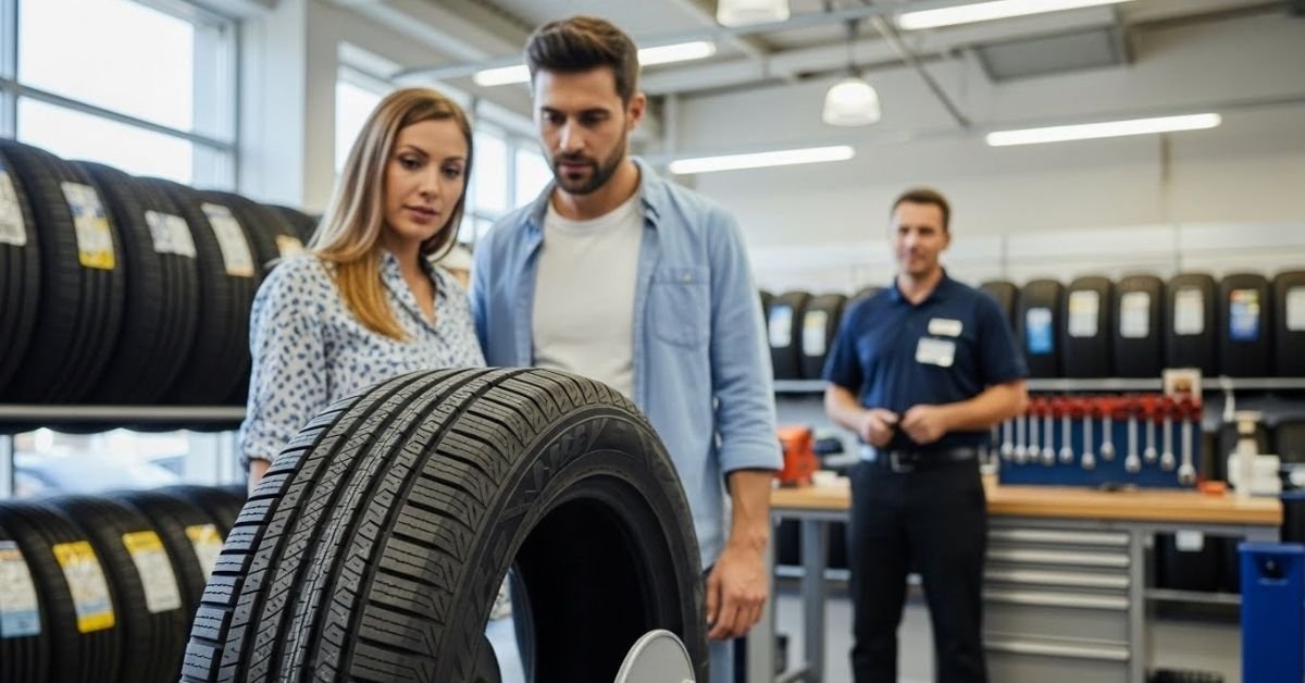 Casal de clientes analisando um pneu em loja automotiva moderna, avaliando na prática se o pneu Iris é bom