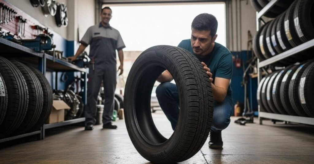Cliente analisando um pneu em showroom automotivo, avaliando com atenção se o pneu Itaro é bom