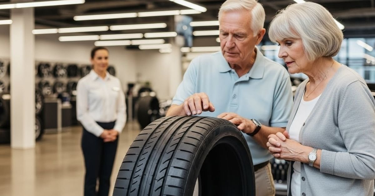 Casal avaliando um pneu em loja especializada, com consultor ao fundo, ilustrando análise prática sobre se o pneu Jk Tyre é bom
