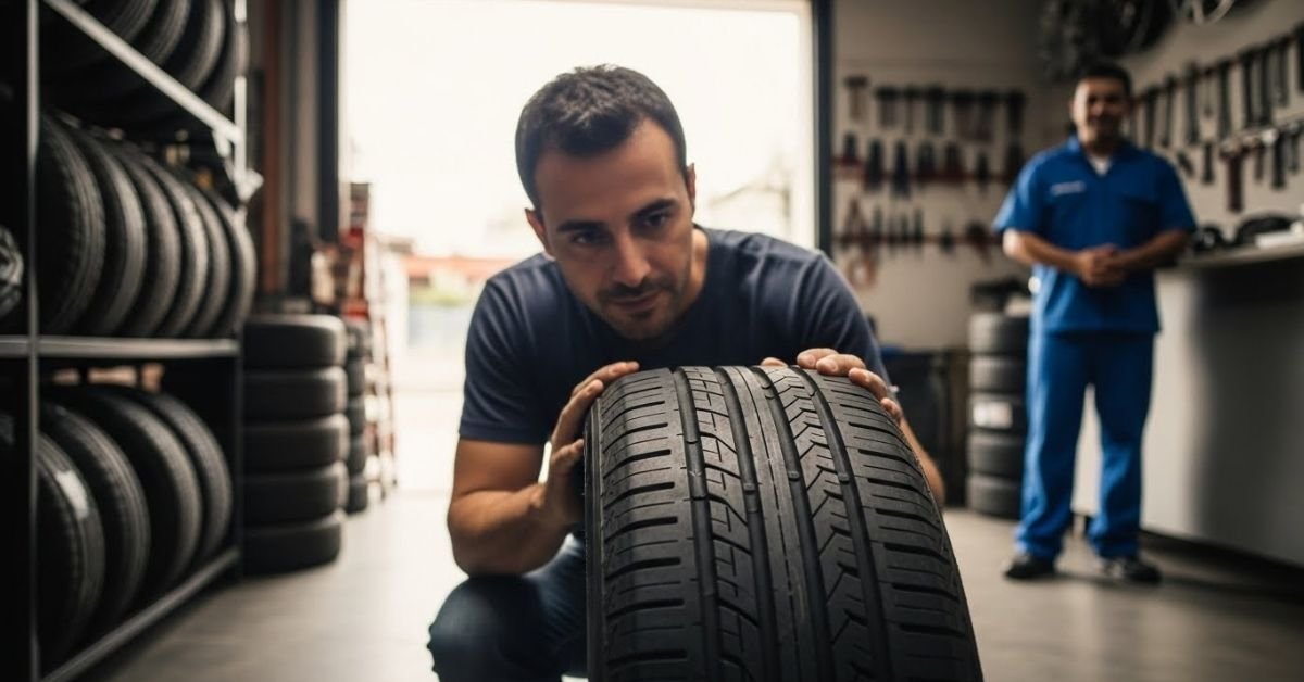 Cliente analisando um pneu em loja automotiva, avaliando na prática se o pneu Ling Long é bom