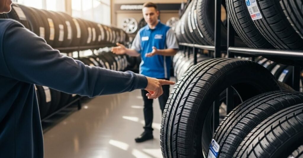 Cliente analisando um pneu em showroom automotivo moderno, avaliando com atenção se o pneu Mazzini é bom