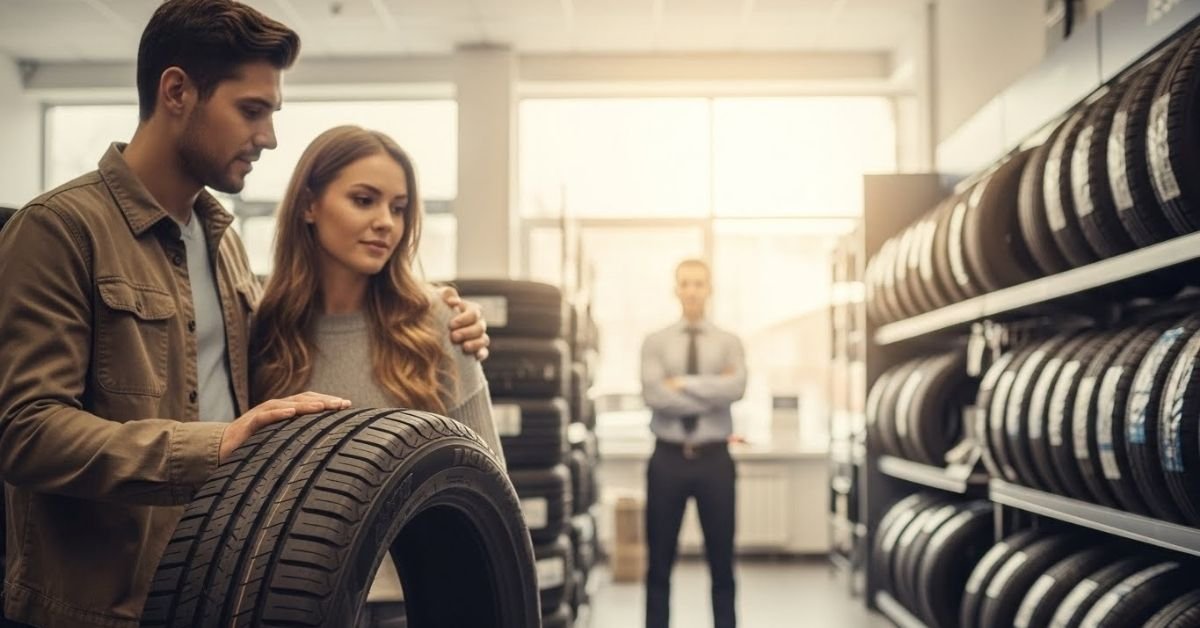 Casal de clientes analisando um pneu em loja automotiva moderna, avaliando na prática se o pneu Milever é bom