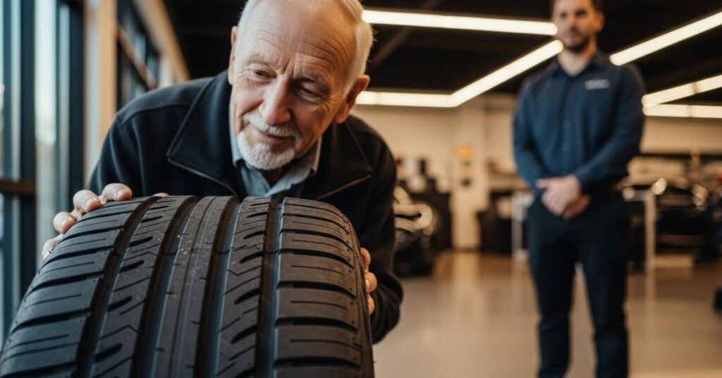 Cliente analisando um pneu em showroom automotivo moderno, avaliando com atenção se o pneu Mirage é bom