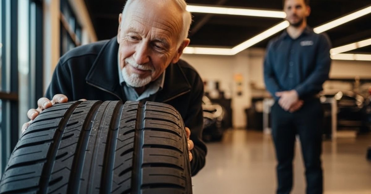 Cliente analisando um pneu em showroom automotivo moderno, avaliando com atenção se o pneu Mirage é bom