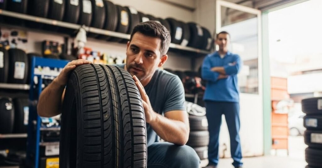 Cliente analisando um pneu em showroom automotivo, avaliando com atenção se o pneu Momo é bom