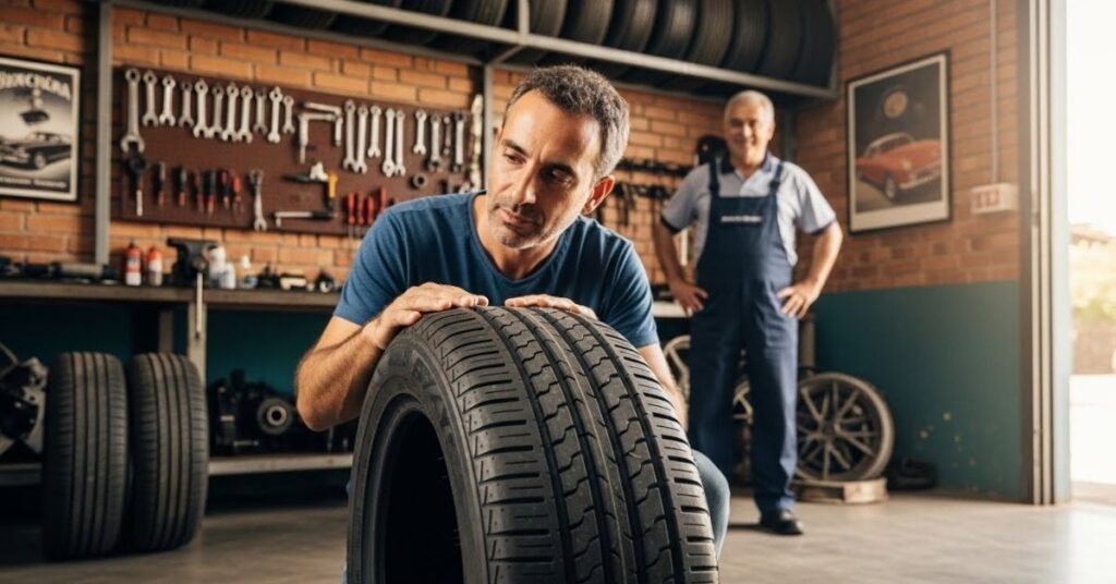 Cliente analisando um pneu em loja automotiva, avaliando na prática se o pneu Onyx é bom