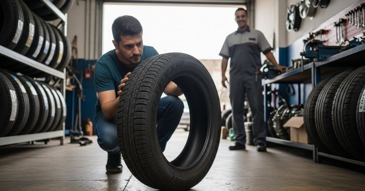 Cliente analisando um pneu em loja automotiva, avaliando na prática se o pneu Ovation é bom