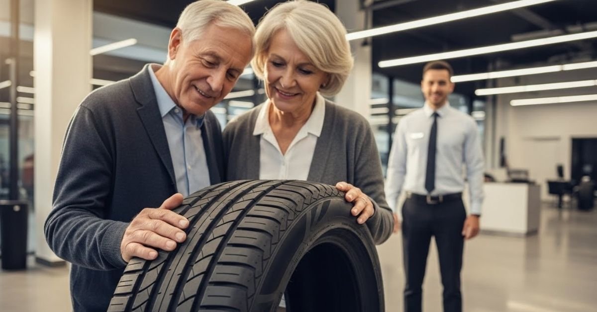 Casal de clientes analisando um pneu em loja automotiva moderna, avaliando na prática se o pneu Prinx é bom