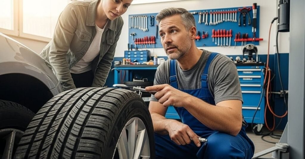 Mecânico especializado avaliando a condição de um pneu em oficina profissional, contexto real de análise sobre se o pneu Risen é bom