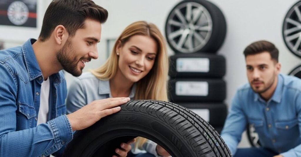 Casal de clientes analisando um pneu em loja automotiva moderna, avaliando na prática se o pneu Roadx é bom