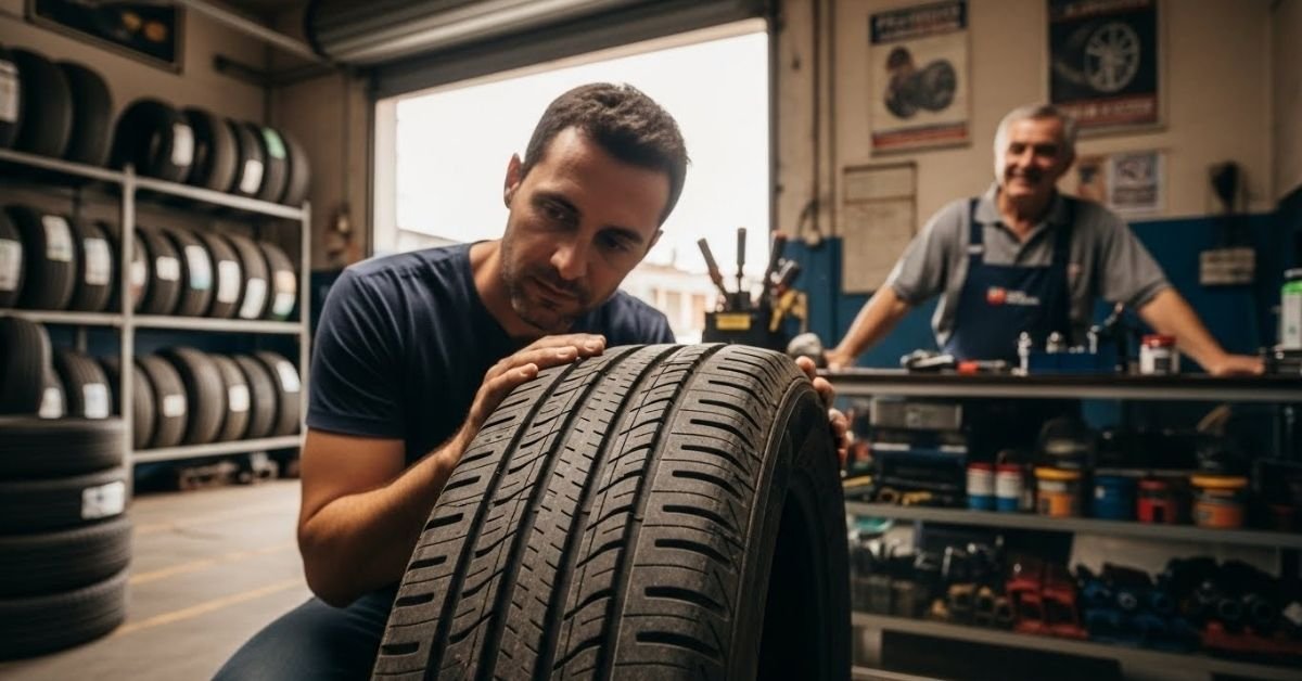 Cliente analisando um pneu em showroom automotivo, avaliando com atenção se o pneu Royal Black é bom