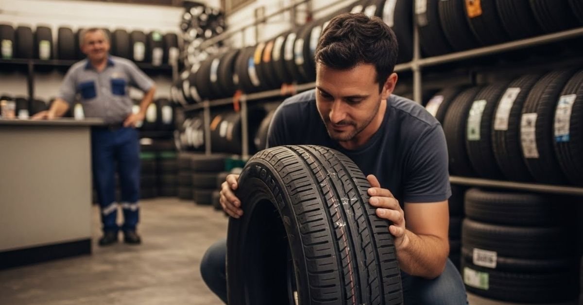Cliente analisando um pneu em loja automotiva, avaliando na prática se o pneu Sailun é bom