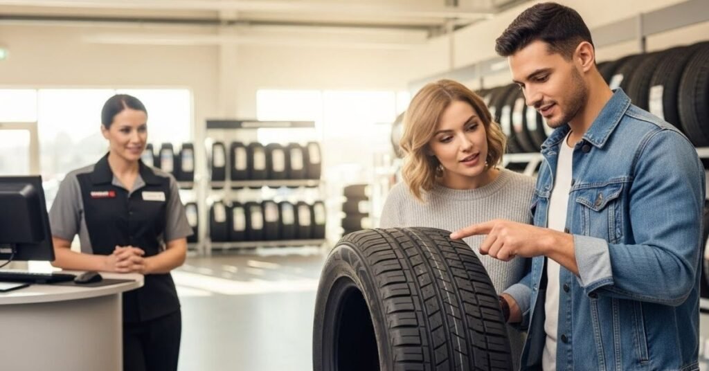 Casal avaliando um pneu em loja especializada, com consultor ao fundo, ilustrando análise prática sobre se o pneu Speedmax é bom
