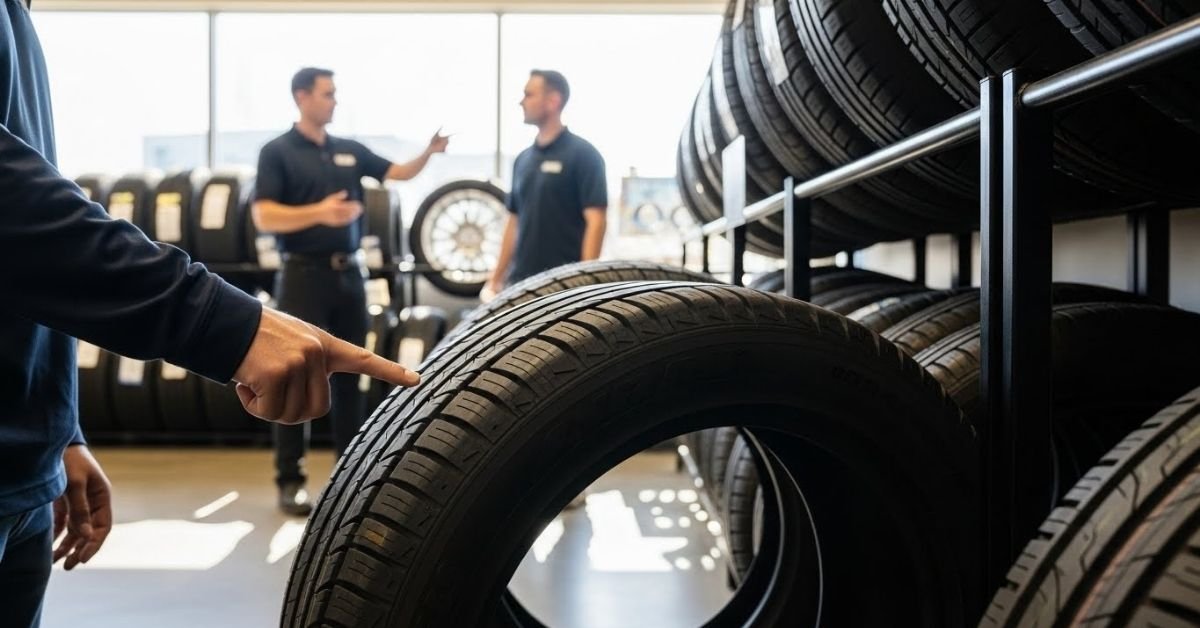 Cliente analisando um pneu em loja automotiva, avaliando na prática se o pneu Sumitomo é bom