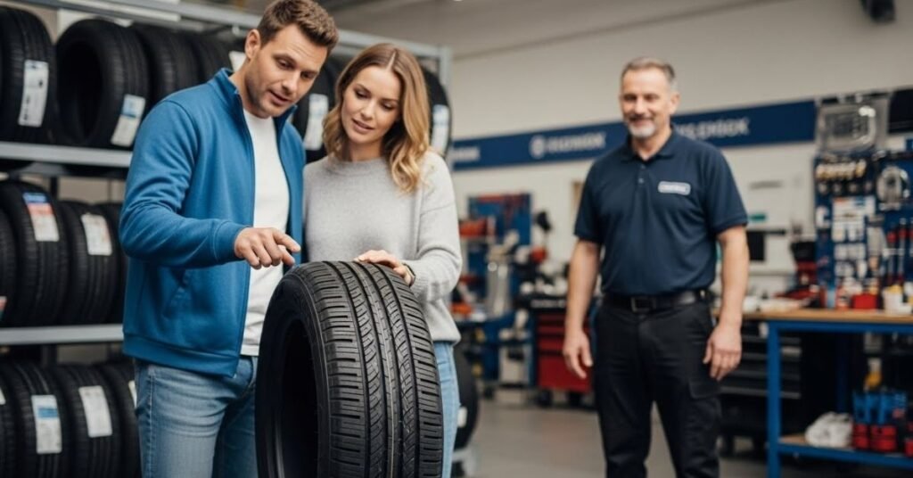 Casal avaliando um pneu em loja especializada, com consultor ao fundo, ilustrando análise prática sobre se o pneu Sunny é bom