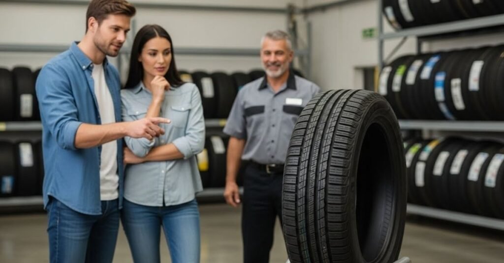 Casal de clientes analisando um pneu em loja automotiva moderna, avaliando na prática se o pneu Sunwide é bom