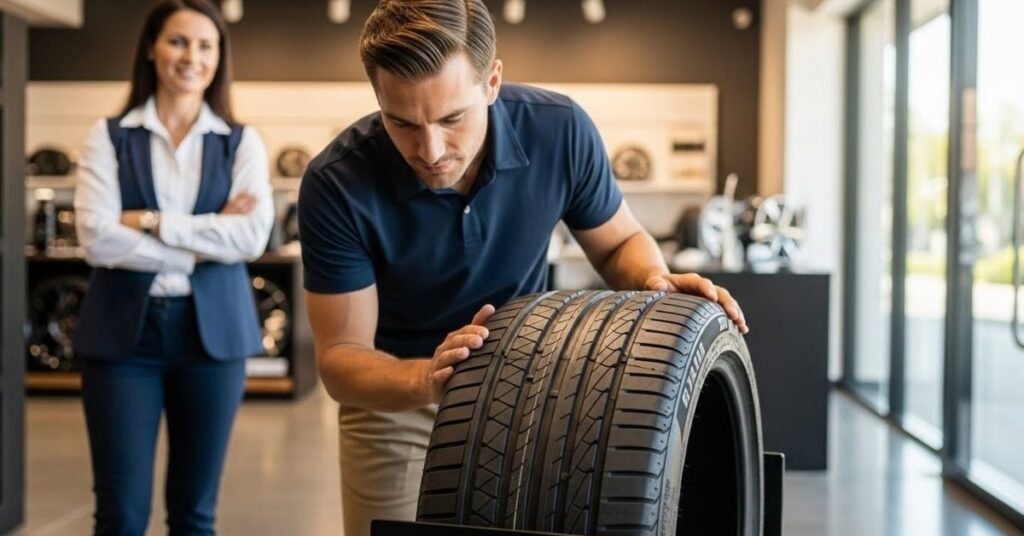 Cliente analisando um pneu em loja automotiva moderna, avaliando na prática se o pneu Winrun é bom