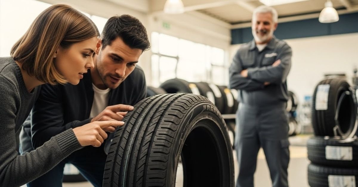 Casal de clientes analisando um pneu em loja automotiva moderna, avaliando na prática se o pneu Yeada é bom