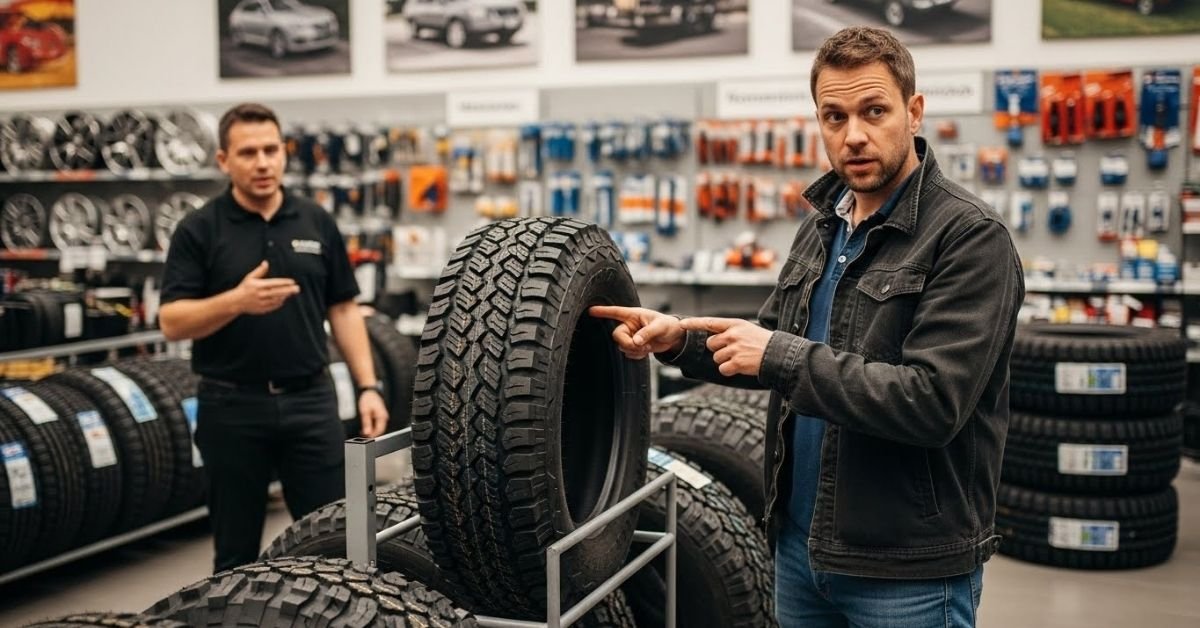 Cliente analisando um pneu em showroom automotivo moderno, avaliando com atenção se o pneu Yokohama é bom