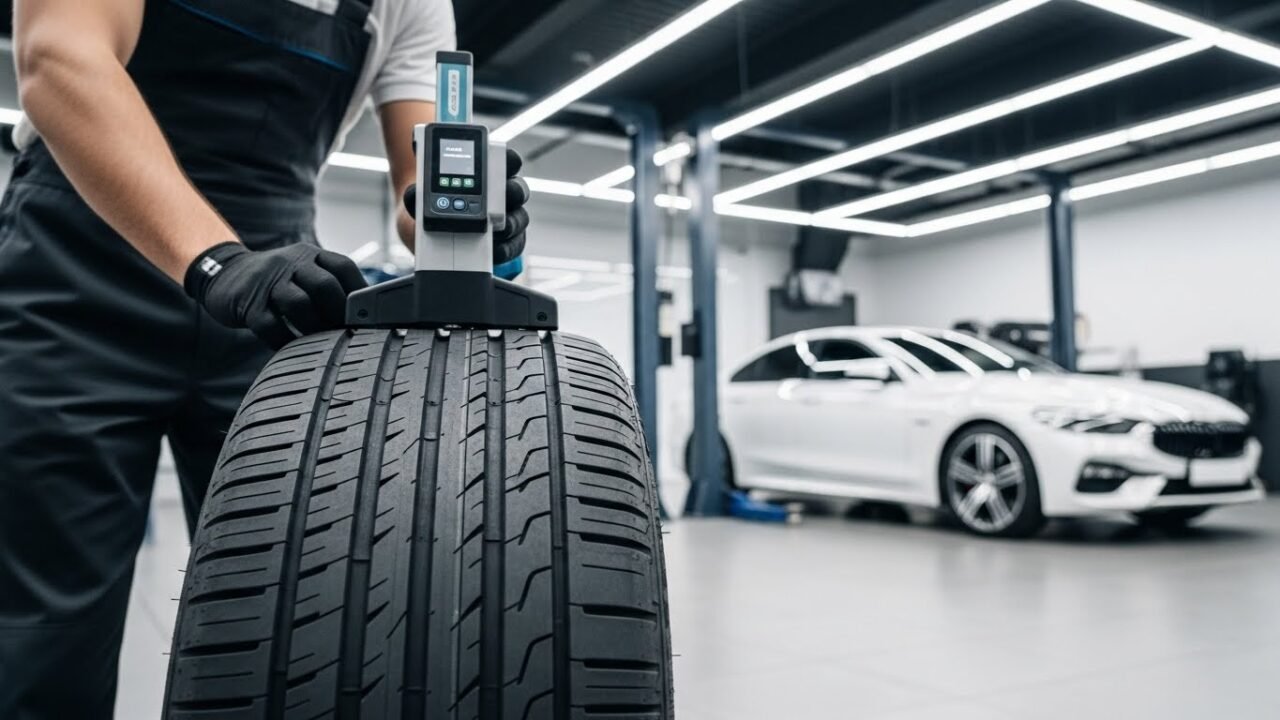 Profissional de manutenção automotiva utilizando um medidor digital de profundidade de sulcos para verificar o TWI do pneu em uma oficina especializada.