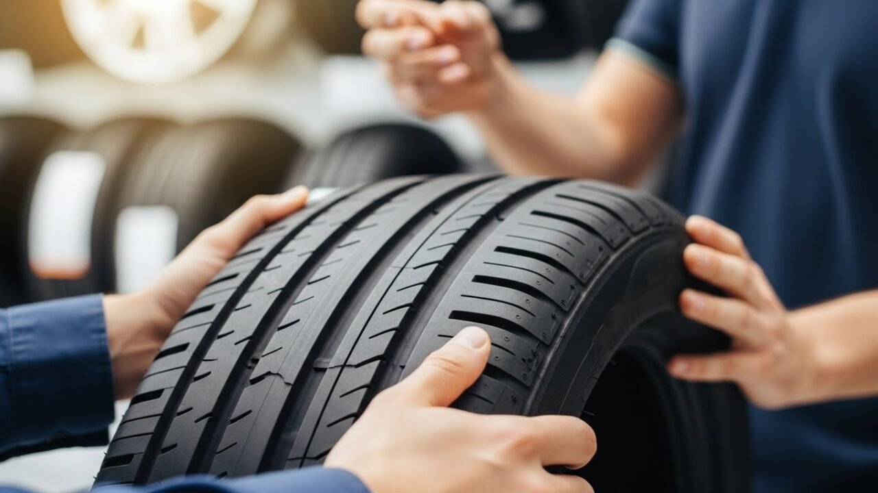 Close-up de mãos de um especialista em manutenção automotiva mostrando a banda de rodagem de um pneu para ensinar como localizar o TWI do pneu corretamente.
